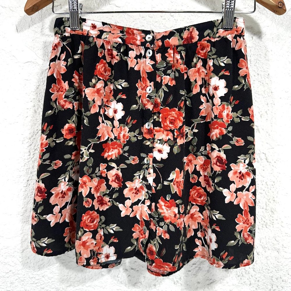90s Grunge Floral Rayon Button Front Mini Skirt